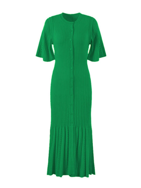 Short Sleeve Buttons Slit Knitting High Waist Workplace Maxi Dresses