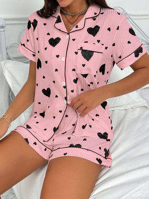 Heart-print Cardigan With Collar And Button-down Short Sleeves And Shorts, Two-piece Loungewear Set