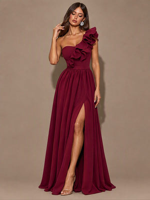 Sloping Shoulders Ruffle Slit Parties Maxi Dresses