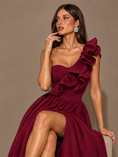 Sloping Shoulders Ruffle Slit Parties Maxi Dresses