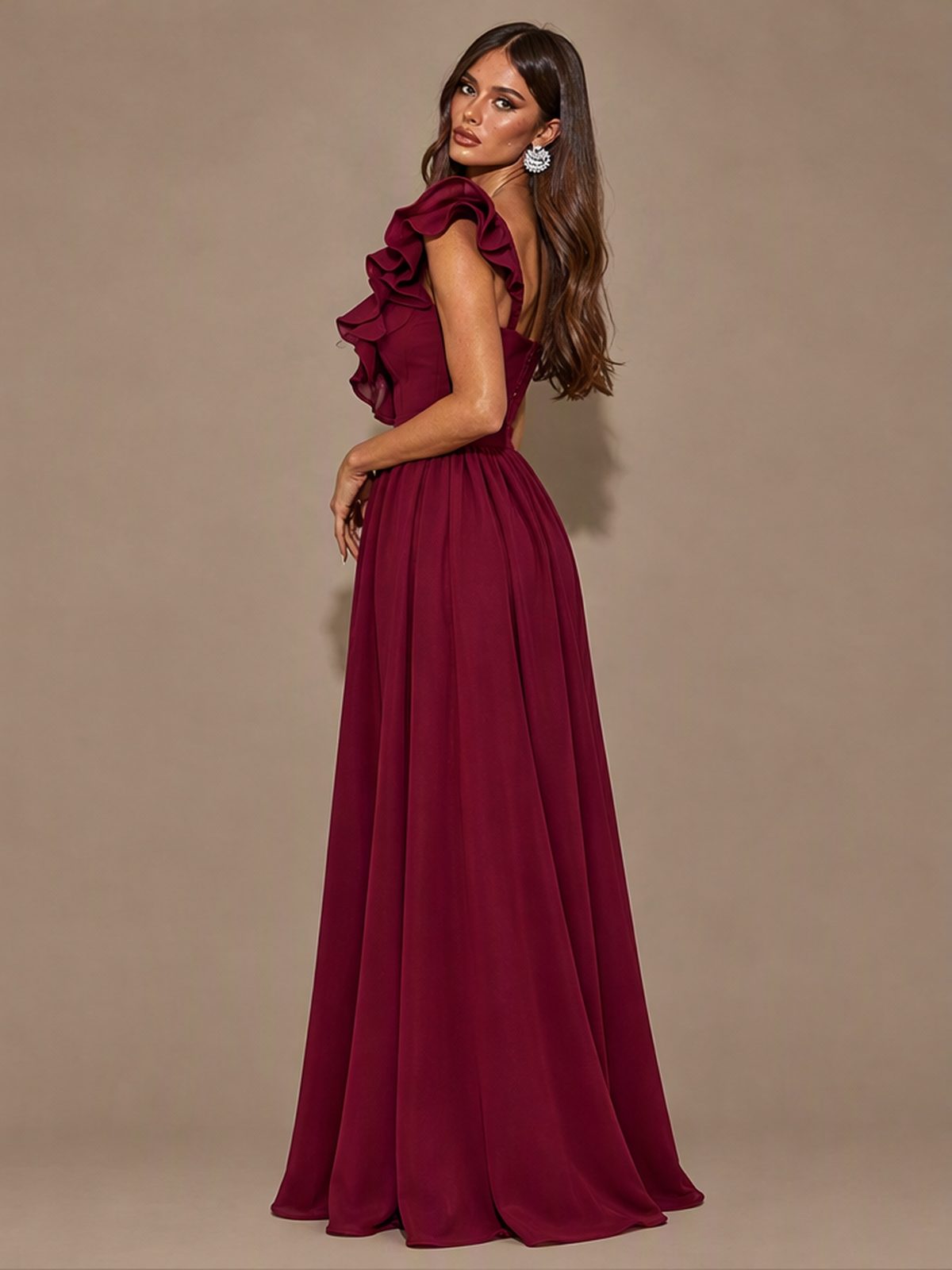 Sloping Shoulders Ruffle Slit Parties Maxi Dresses