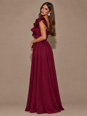 Sloping Shoulders Ruffle Slit Parties Maxi Dresses