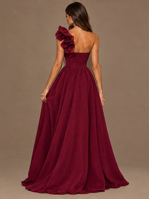 Sloping Shoulders Ruffle Slit Parties Maxi Dresses