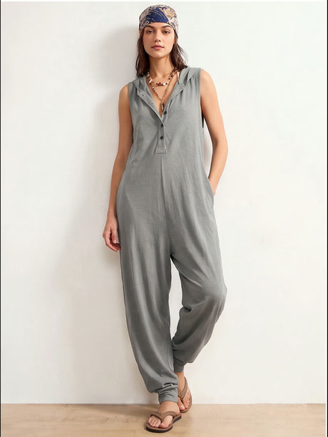 Button-up Hooded Sleeveless Jumpsuit