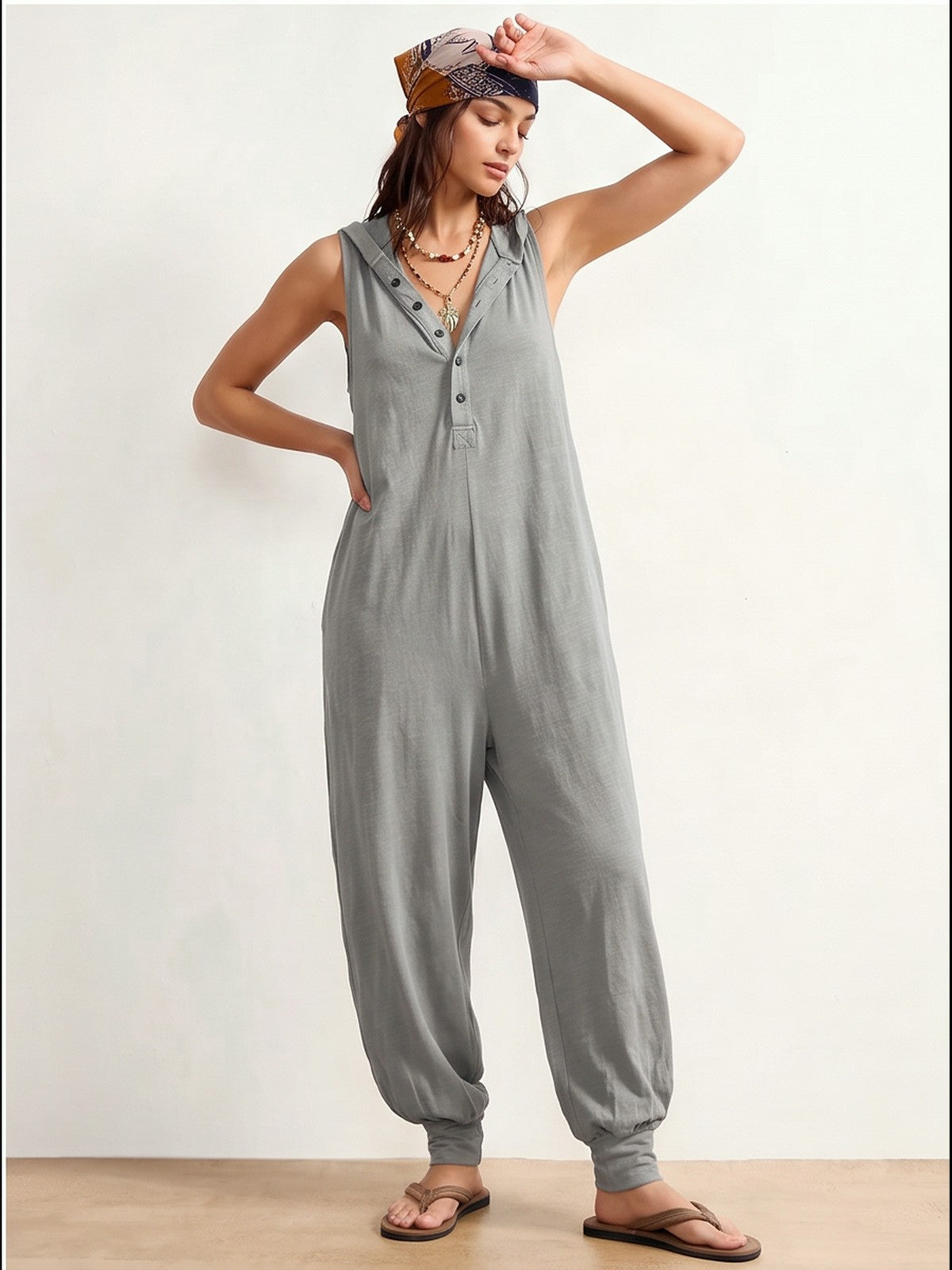 Button-up Hooded Sleeveless Jumpsuit