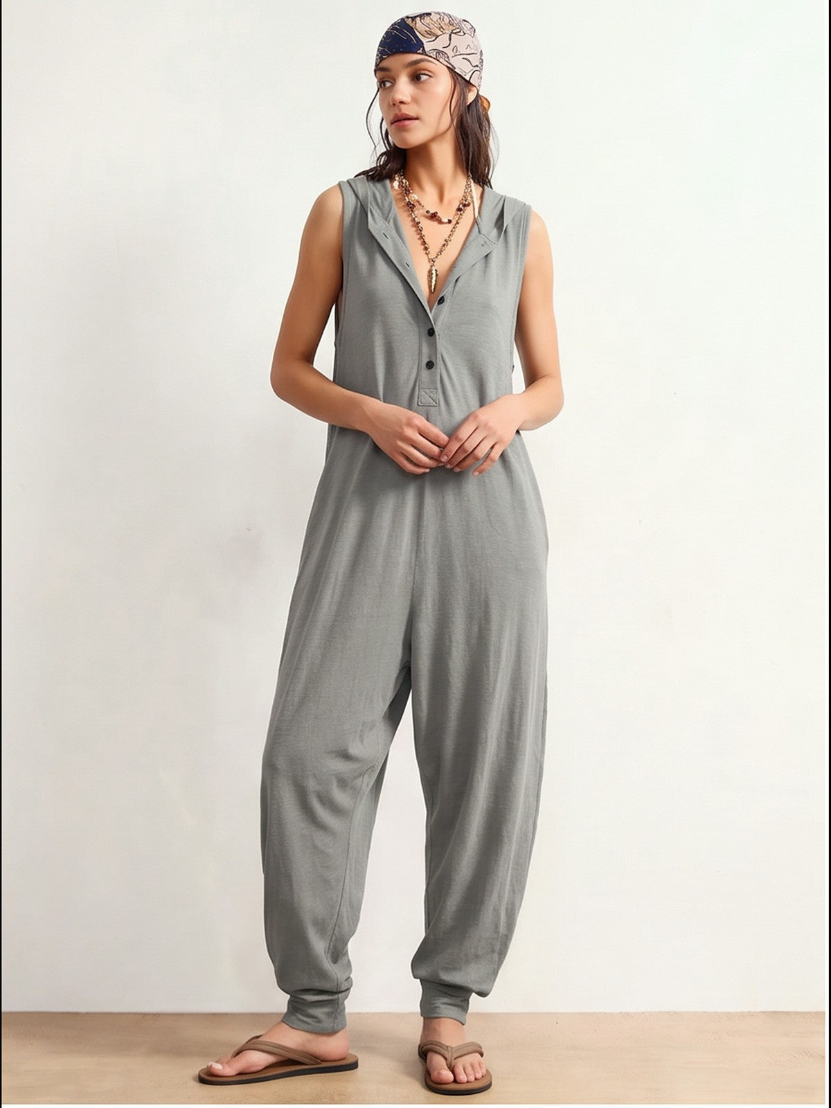 Button-up Hooded Sleeveless Jumpsuit