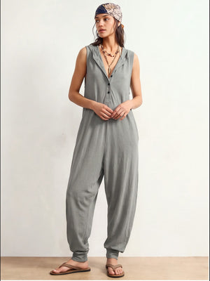 Button-up Hooded Sleeveless Jumpsuit