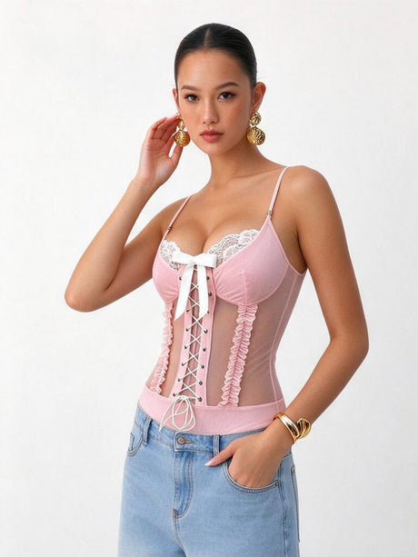 Lace Trim Bow Perspective Straps Suspender Bodysuit