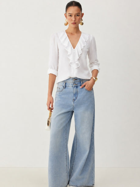 V-neck Pleated Ruffle Chiffon Blouse