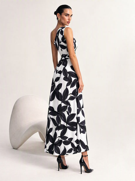 Sloping Shoulders Printed Slit Vacation Leisure Maxi Dresses