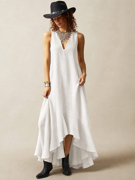 Sleeveless Irregular Hem Deep V-neck Maxi Dresses