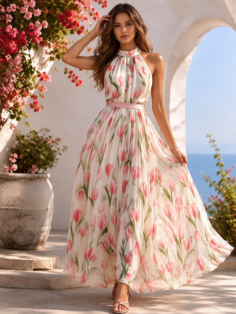 Elegant Maxi Dress With Halter Neck And Floral Print, European And American Vacation Style.