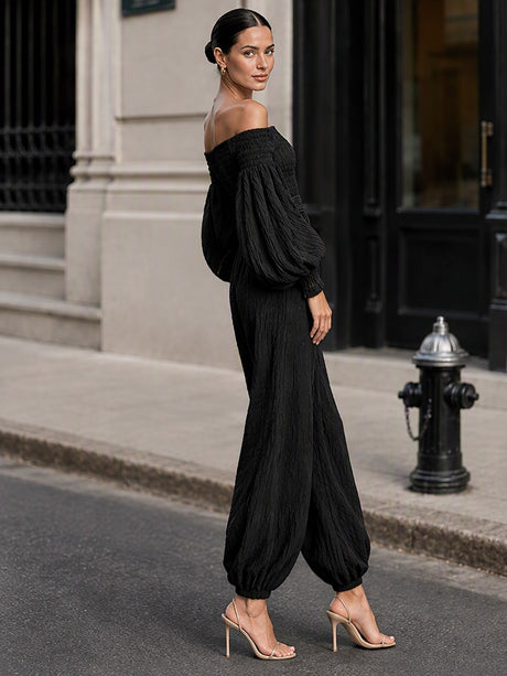 Off-shoulder Long-sleeved Pleated Fabric Jumpsuit In Solid Color