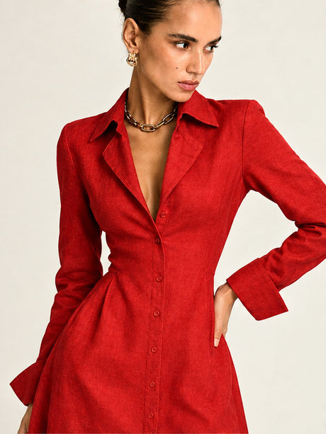 Casual Pocket Solid Color Button-Down Collar Long Sleeve Dress