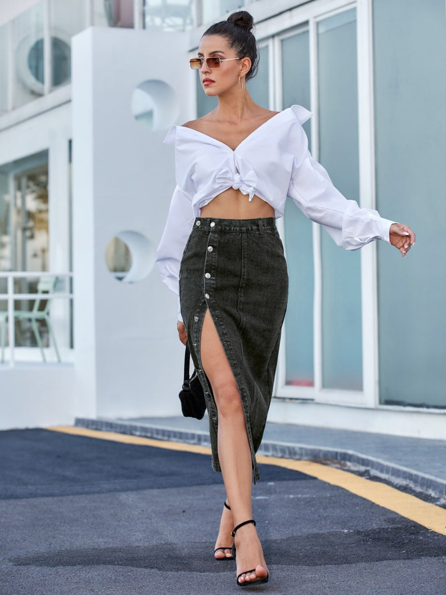 Irregular Slit Cowboy High Waist Skirts
