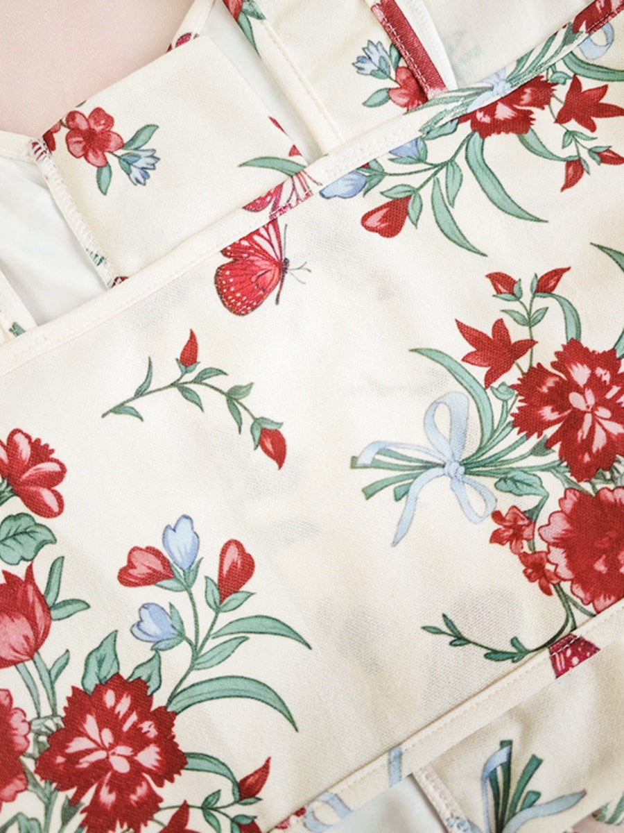 Sweet Floral Bow Lace Up Camisoles