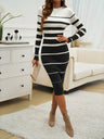 Striped Color-blocked Long-sleeved Bodycon Sweater Midi Dress