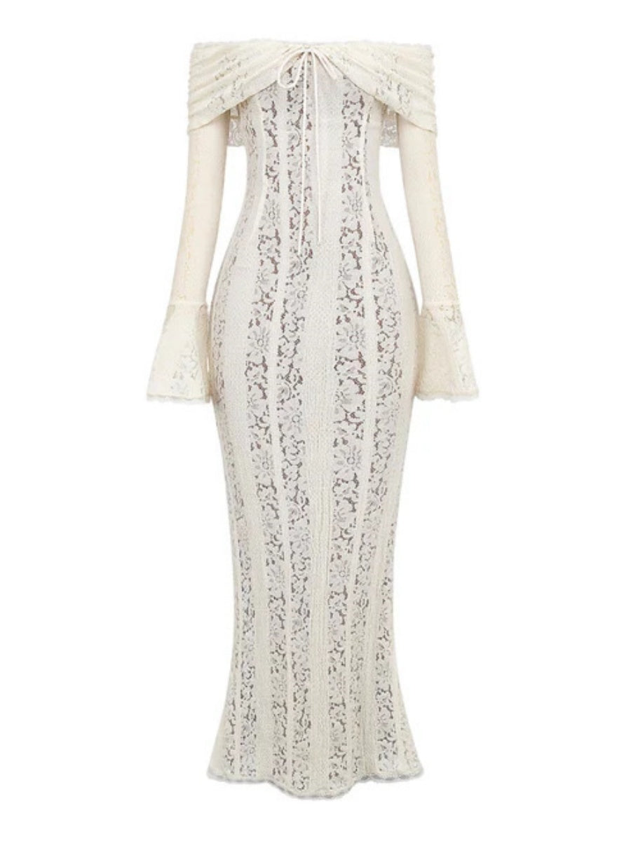 【EXPÉDITION NORMALE】Robes maxi moulantes en dentelle ajourée, épaules dénudées et manches évasées