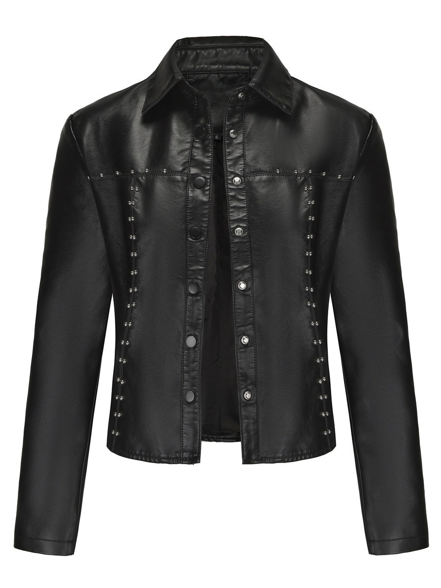 Buttons Studs Short Leather Jacket
