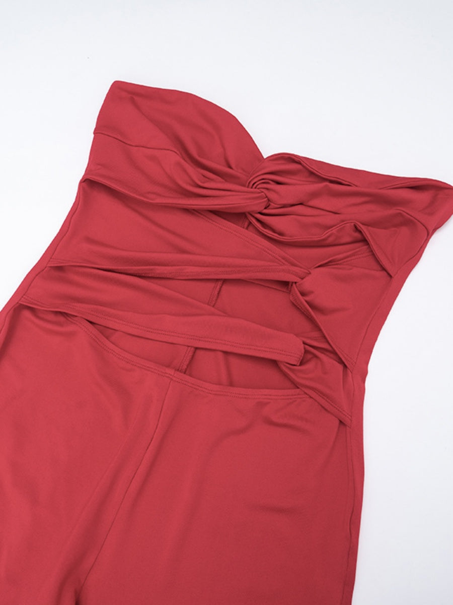 Strapless Sleeveless Fitted Open Backless Twist Jumpsuit