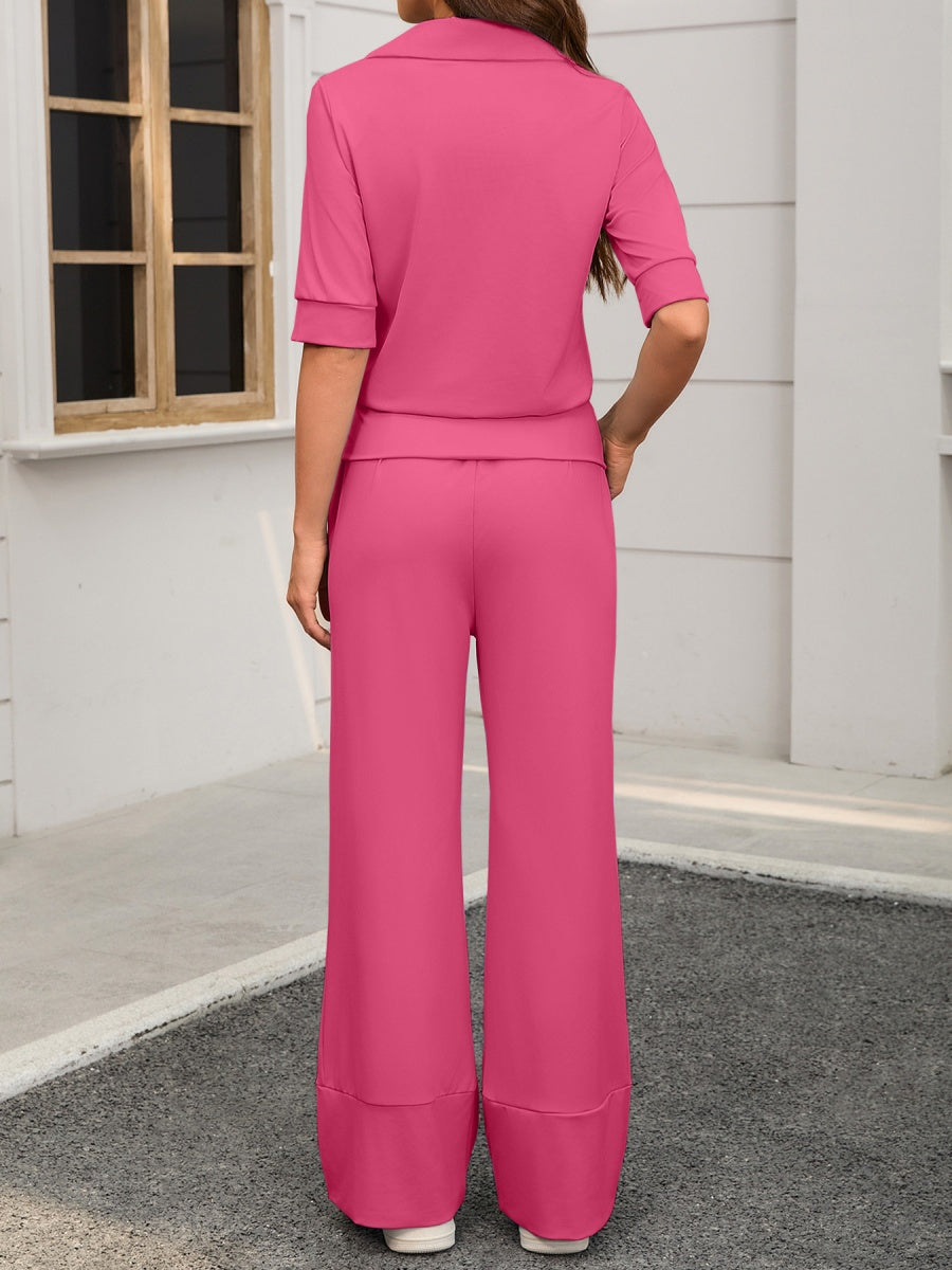 Collared Short-sleeved Top And Elastic Wide-leg Pants Two-piece Set