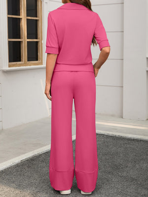 Collared Short-sleeved Top And Elastic Wide-leg Pants Two-piece Set