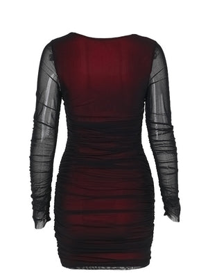 Fitted Mesh Long-Sleeved Bodycon Deep Red Short Dress