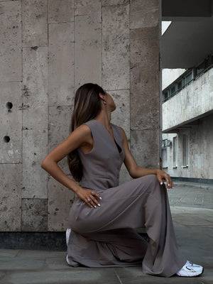 V-neck Sleeveless Vest, Flowy Wide-leg Trousers, Casual Style. 2-piece Sets