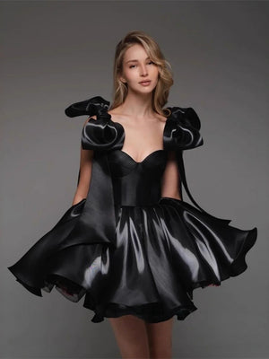 Glossy Fabric, Bow Design, Spaghetti Strap Mini Dress