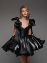 Glossy Fabric, Bow Design, Spaghetti Strap Mini Dress