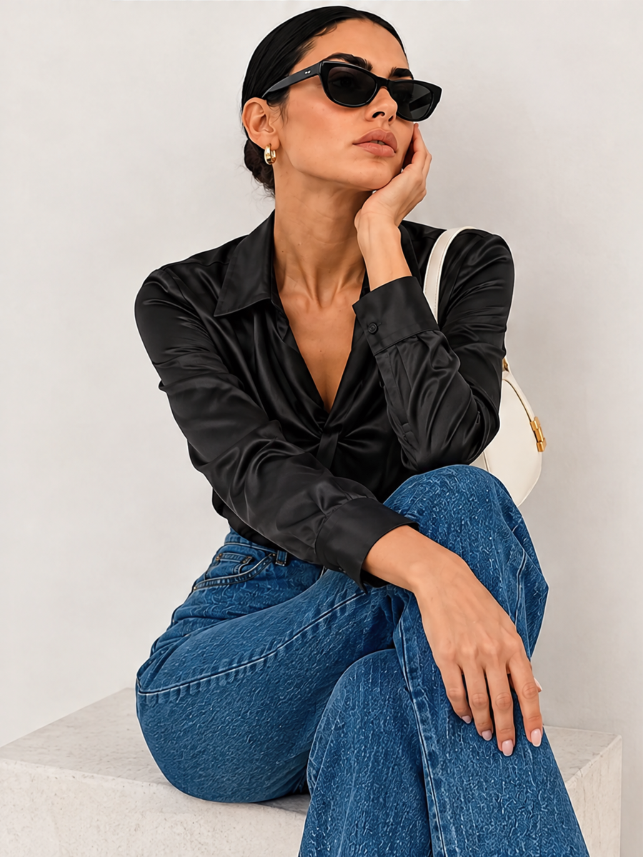 Solid Color Satin Pleated Long Sleeve Blouse&Shirts