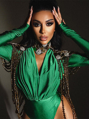 V-neck Slim Fit Pleated Decoration Base Layer Splicing Long-sleeved Bodysuit