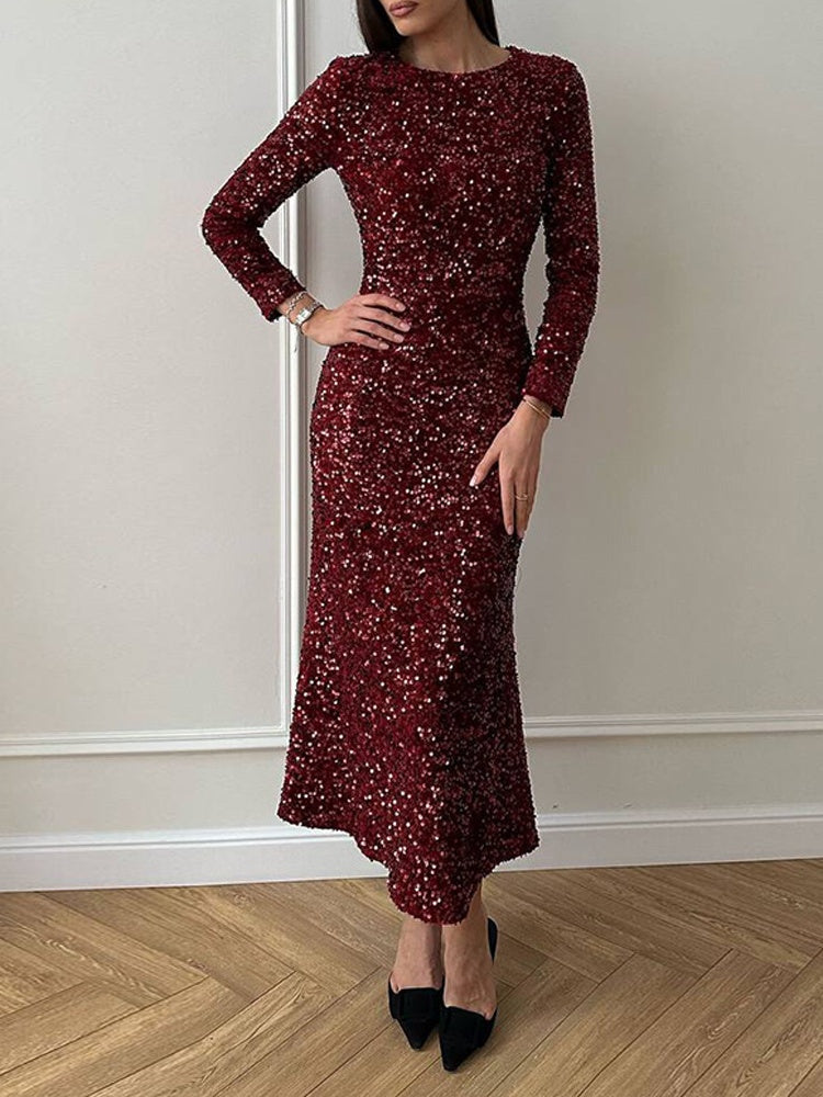 Slim Fit Velvet Sequins Long Sleeve Maxi Dresses