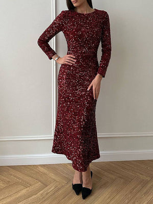 Slim Fit Velvet Sequins Long Sleeve Maxi Dresses