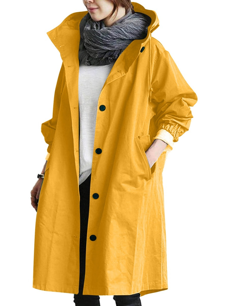 Oversized Hooded Single-Breasted Mid-Length Trench Coat