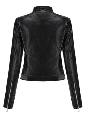 Three-dimensional Decoration Short Stand Collar Zippered Leather Jacket