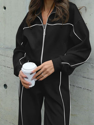 Sports Casual Suit Zipper Contrasting Colors Hoodless Cardigan Wide-leg Pants 2-piece Sets