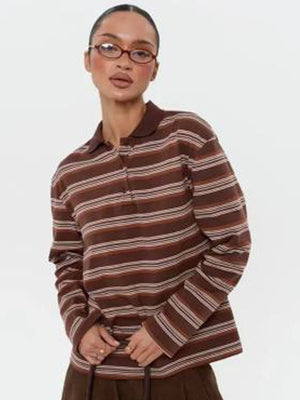 Long-sleeved Striped T-shirt, Polo Collar, Loose-fitting T-shirt