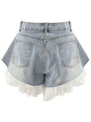 Straight-leg Patchwork Lace Denim Shorts