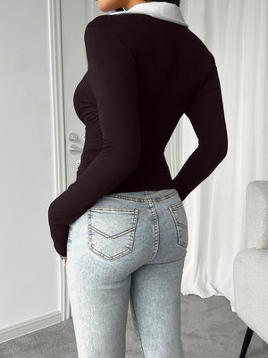 Simplicity Contrast Lapels Long Sleeve T-shirts