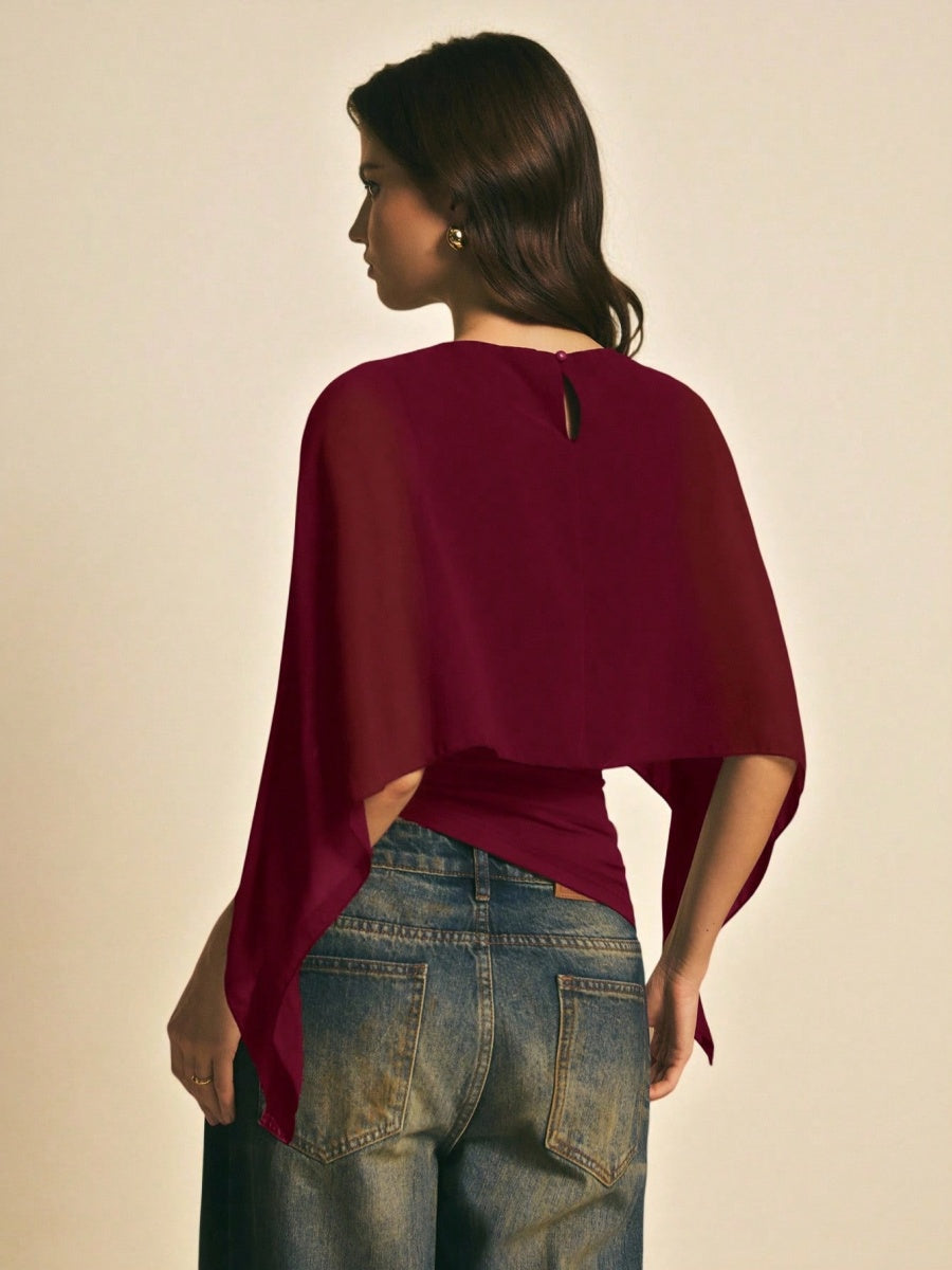 Cape-sleeve T-shirt, Round Neck, Loose Chiffon Cover-up, Elegant Irregular Top/T-shirt