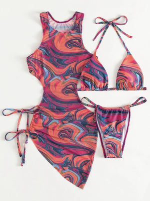 Hollow-out Drawstring Swimsuit Bikini Beach Cover-up Three-piece Set