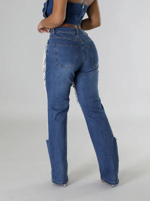Ripped, Pearl-beaded Stretch Jeans