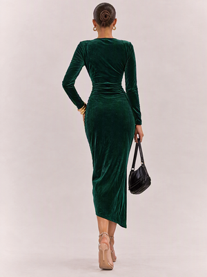 Goose Down V-neck Dress, Slim Fit, Pleated Patchwork, Irregular Skirt, Elegant Long Dress