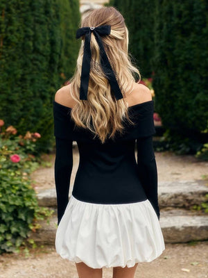 Liber Autumn Women's Off-shoulder Black and white color matching Long sleeve Mini&Short Dresses
