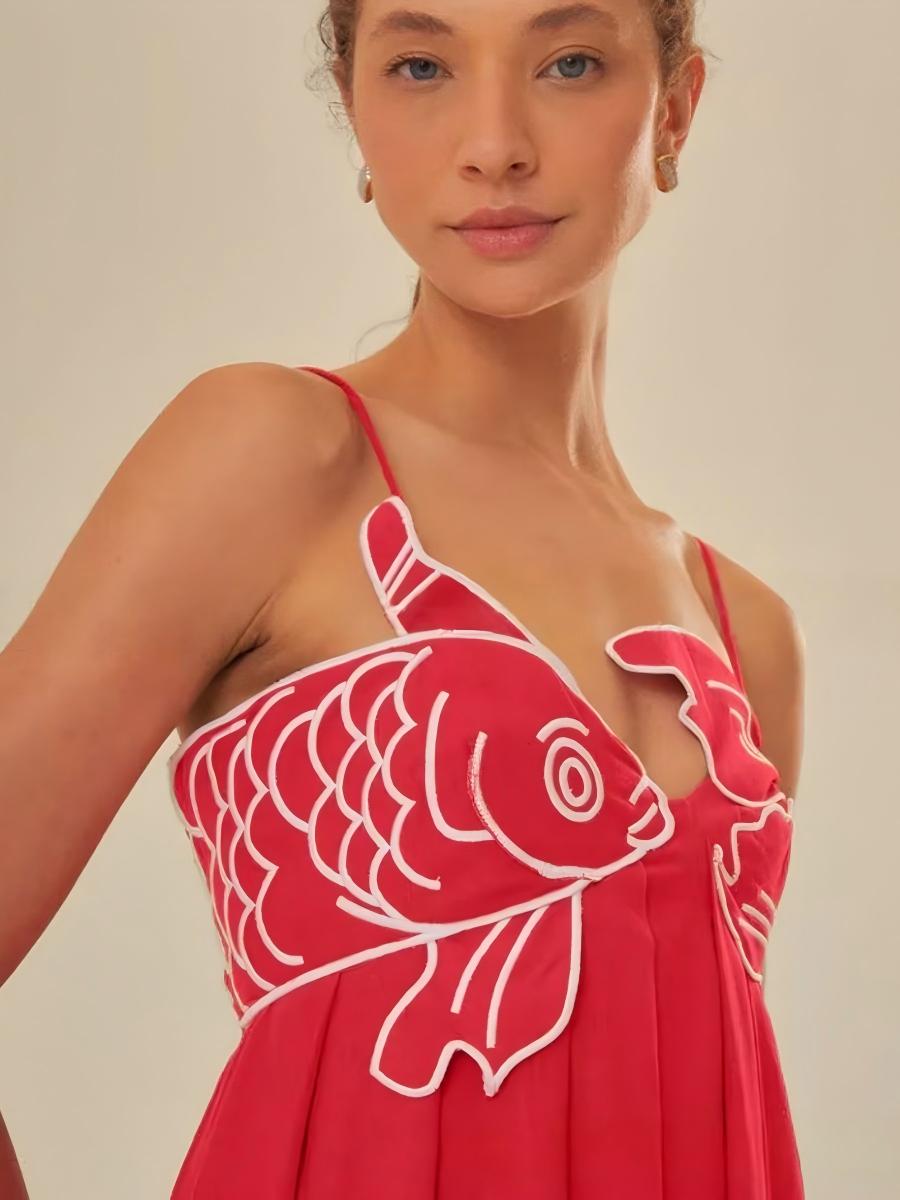 Fish-shaped 3D Embroidered Strapless Pleated Spaghetti Strap Long Dress