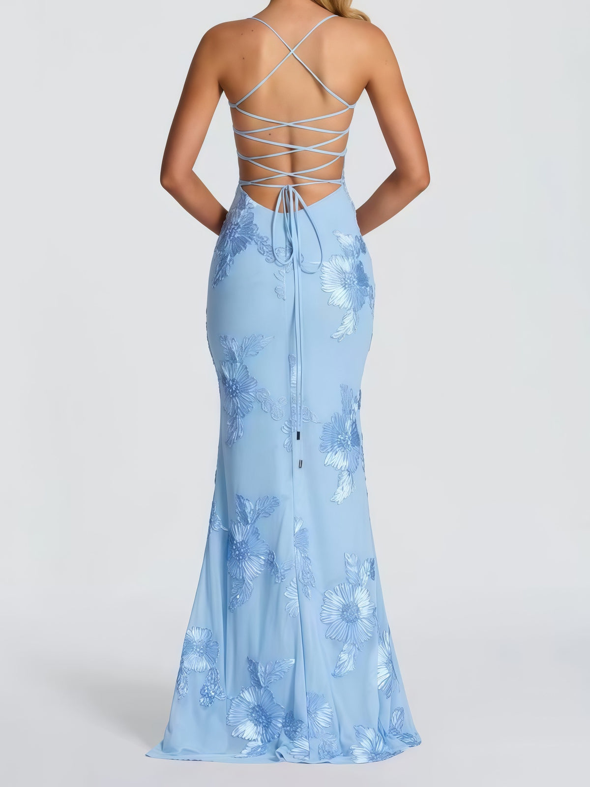 3D Embroidered Backless Cross-Strap Spaghetti Strap Long Dress
