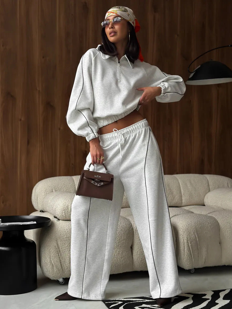American Retro Color-blocked Striped Tracksuit For Women Two-piece Set: Collared Half-zip Sweatshirt And High-waisted Wide-leg Sweatpants