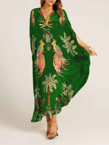 V-neck Floral Print Loose-fitting Long Dress
