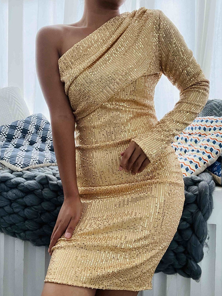 One Shoulder Bandeau Sequins Mini&Short Dresses